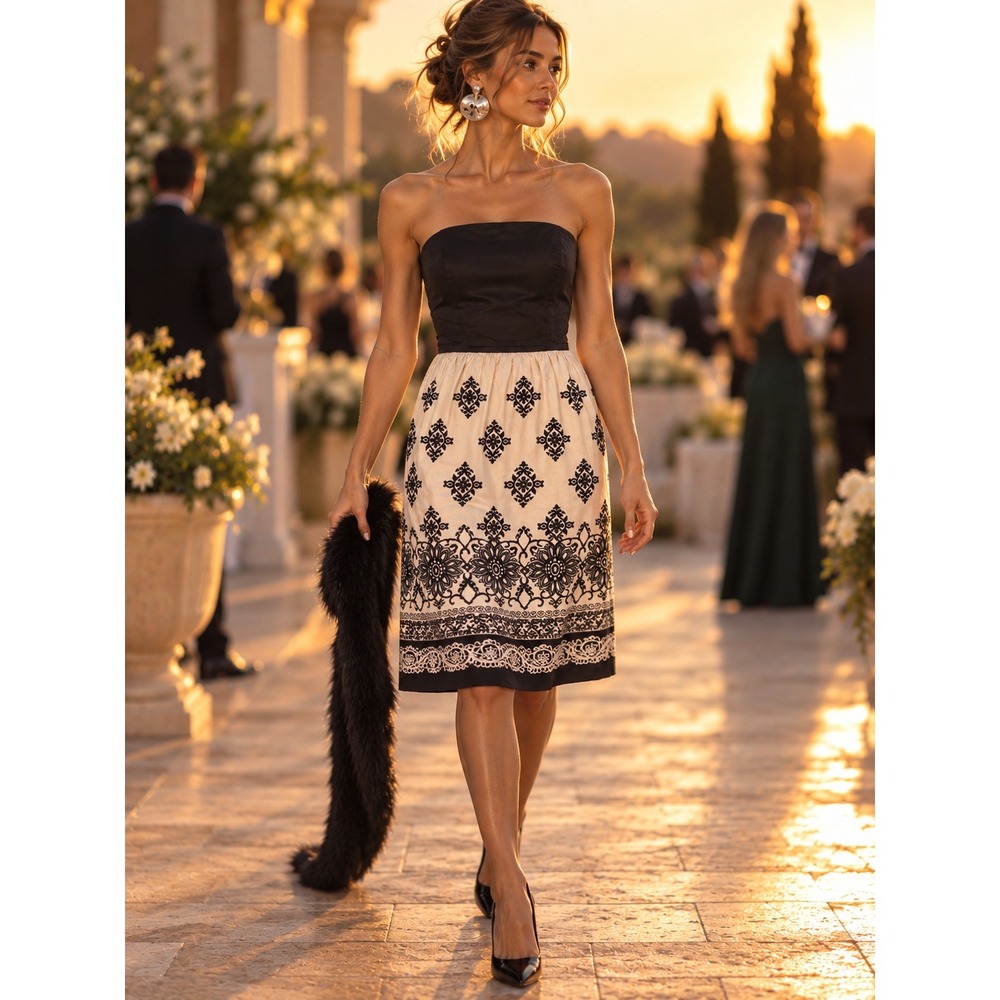 White House Black Market Size 4 Strapless Embroidered Fit Flare Dress
